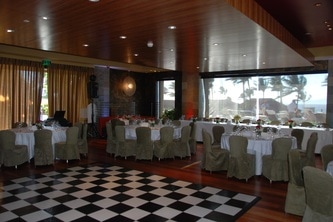 Black & White checkered dance floor in the Private Dining Room at Spago Restaurant in the Four Seasons Resort, Wailea, Maui